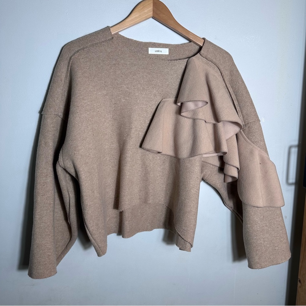 Tan Ruffle-Sleeve Crewneck Sweater
